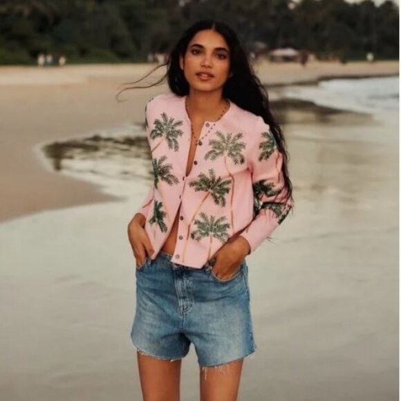BODEN Bead Embellished Palm Trees Cardigan Soft Pink NWT - Picture 6 of 6